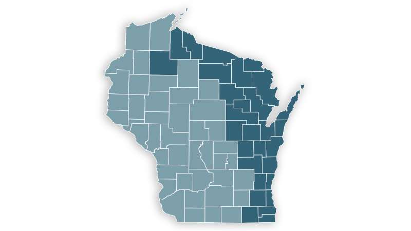 Wisconsin map showing Catchment Area counties